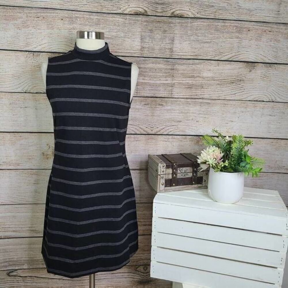 Kenar Women's Sleeveless Stripes Mock Neck Mini‎ Dress In Black/ Grey Size 4